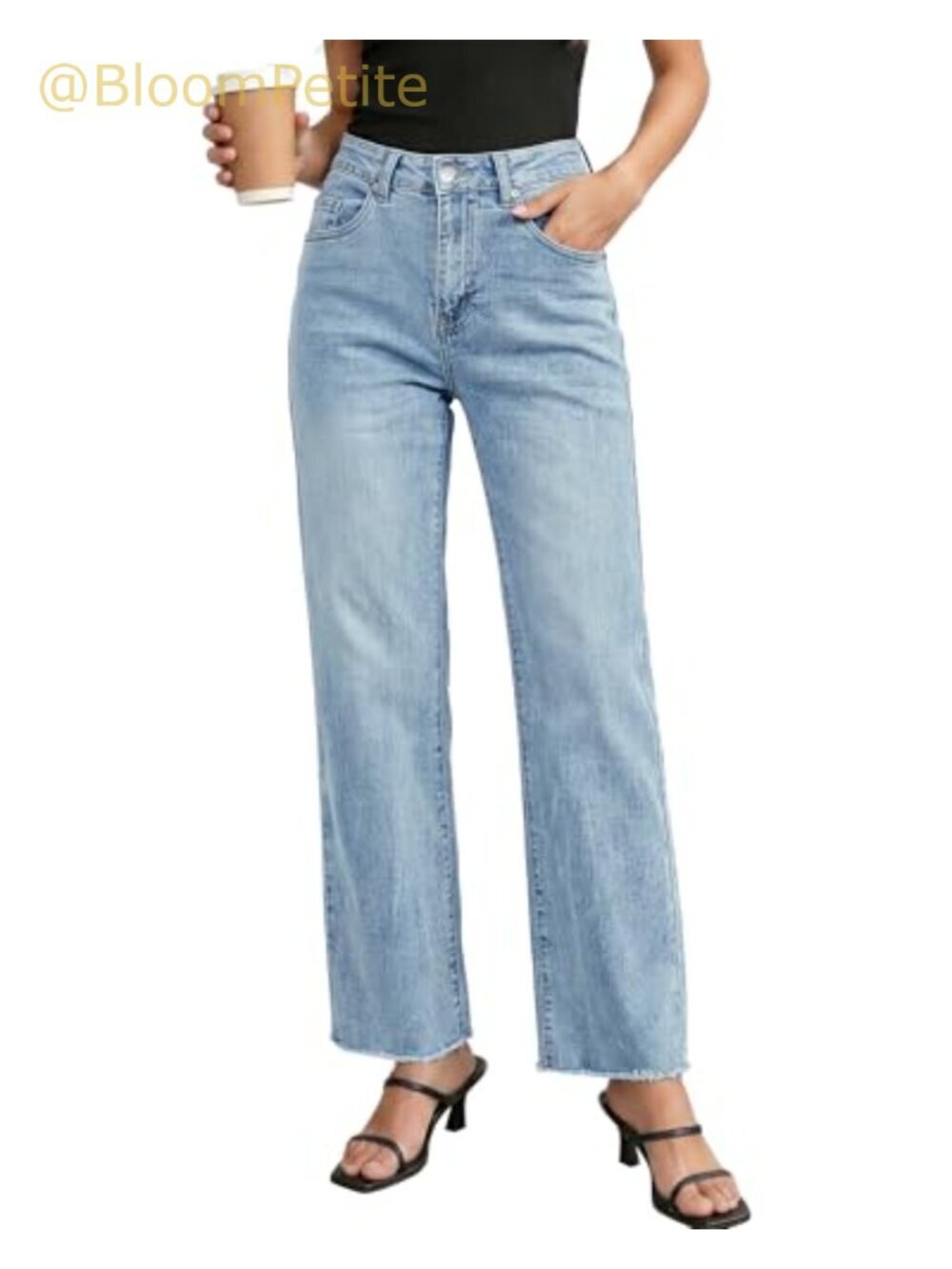 High Waisted Straight Leg Jeans Frayed Raw Hem Stretchy Denim Pants